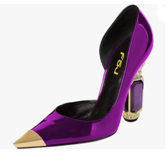 FSJ Purple Bridal Pointed Toe High Heel Crystal Pumps Slip on Wedding Thick Shoe - Picture 1 of 8